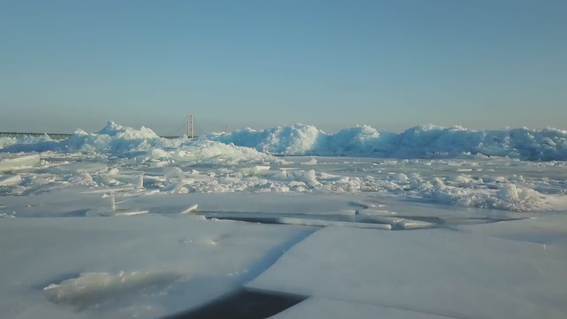 Drone footage of the blue ice stacked at the Straits of Mackinac, near the Mackinac Bridge. Captured by Dustin Dilworth of D3 Imagery.